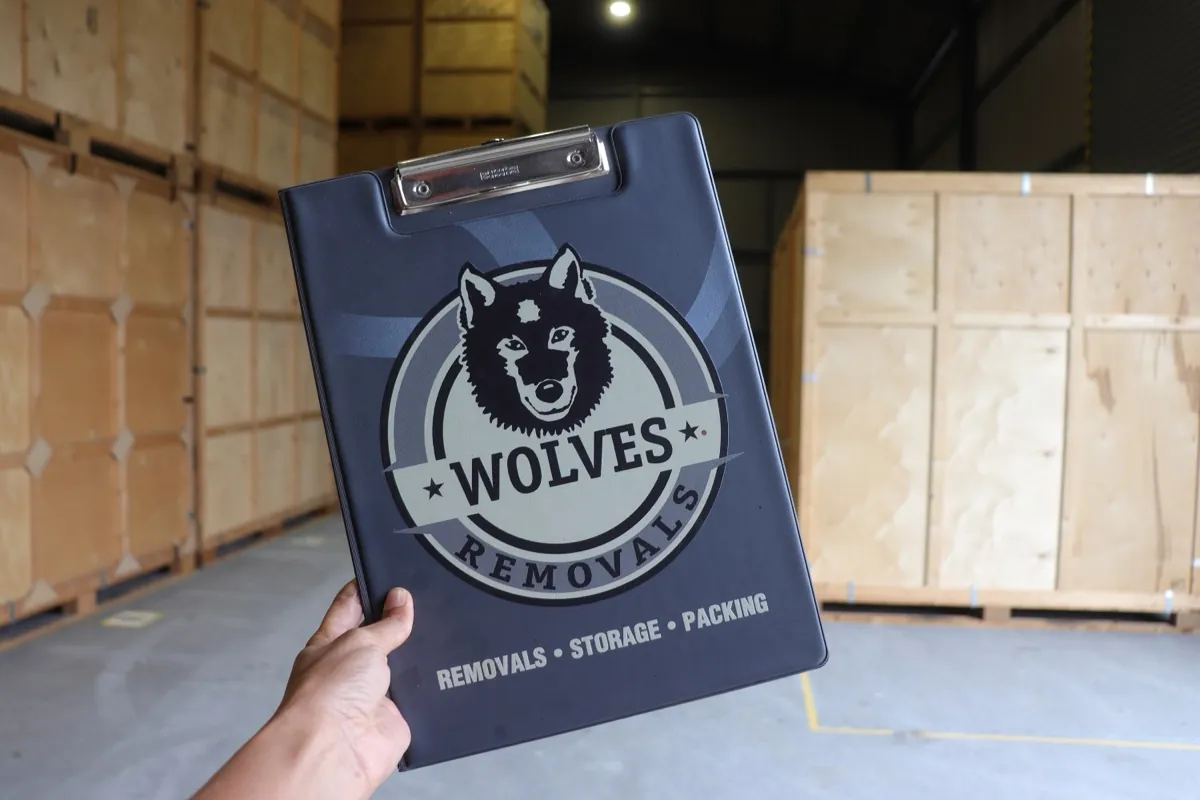 Wolves Storage Sussex branded clipboard used for clear, no-obligation storage quotes